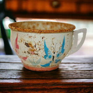 Vintage Toy Metal Teacup Rare Distressed Rusted Faded Butterfly Flower Painted